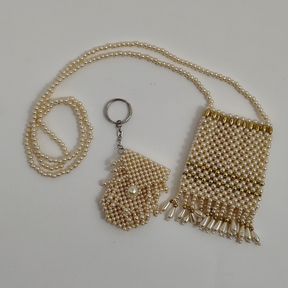 Vintage Jewelry - Vintage 70s 80s Off White Faux Pearl Beaded Purse Necklace And Keychain Bridal